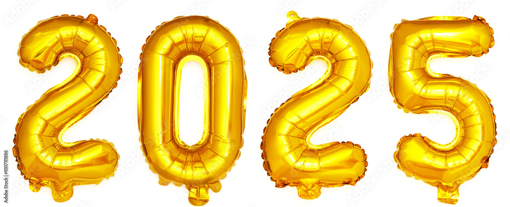 Golden foil balloons with the number 2025. Golden foil balloons with the number 2025.