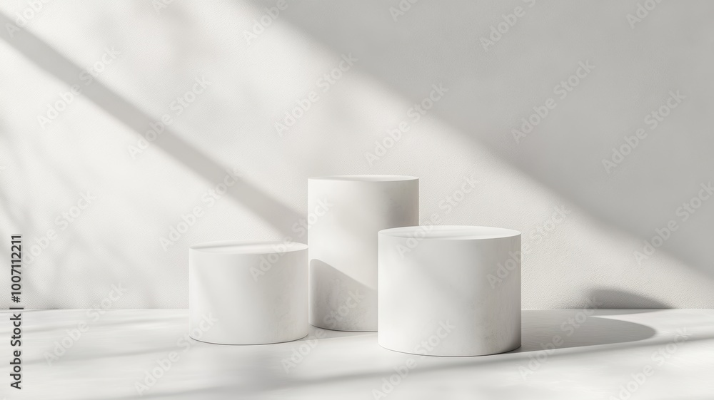 Three white cylindrical objects on a minimalistic background with soft shadows. Three white cylindrical objects on a minimalistic background with soft shadows.