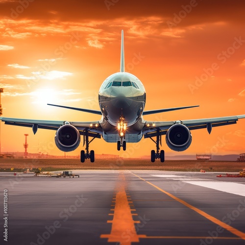 Airplane Landing on Runway at Sunset