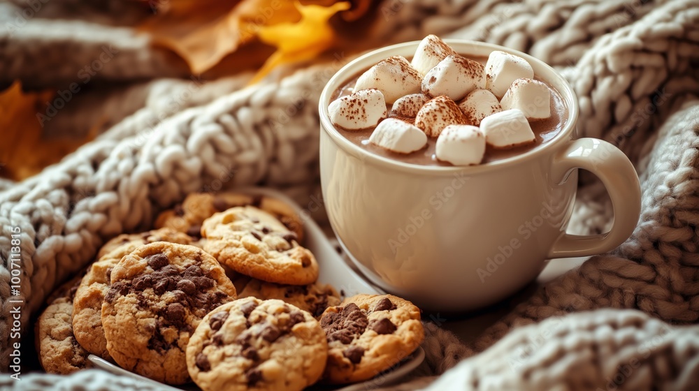 a cup of hot chocolate with marshmallows with cookies  on warm cozy blanket