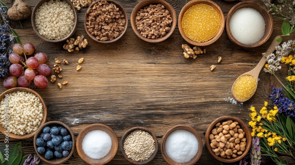 A wooden table with a variety of food items including nuts, seeds A wooden table with a variety of food items including nuts, seeds