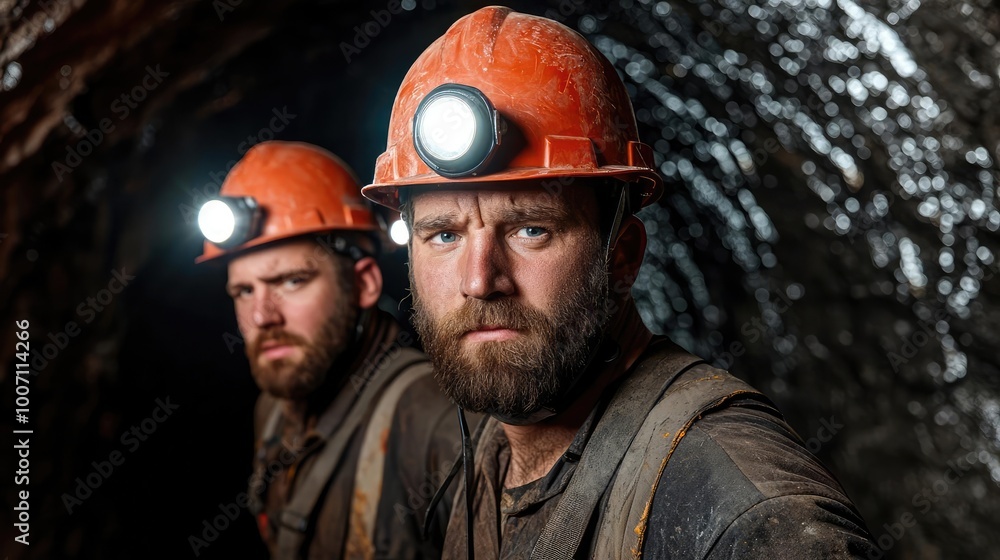 Miners wearing helmets and headlamps descending into a dark underground tunnel, symbolizing the dangerous work environment in mining Miners wearing helmets and headlamps descending into a dark underground tunnel, symbolizing the dangerous work environment in mining