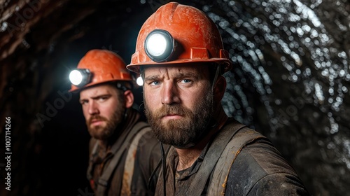 Miners wearing helmets and headlamps descending into a dark underground tunnel, symbolizing the dangerous work environment in mining