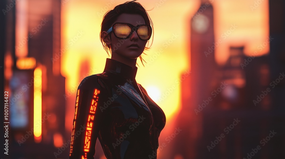 cyberpunk woman wearing glasses with neon light glow , futuristic cityscape as background cyberpunk woman wearing glasses with neon light glow , futuristic cityscape as background