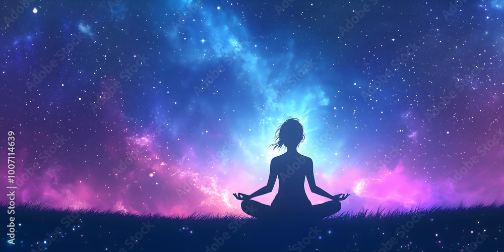 Twilight Meditation Silhouette with Floating Glowing Brain Twilight Meditation Silhouette with Floating Glowing Brain