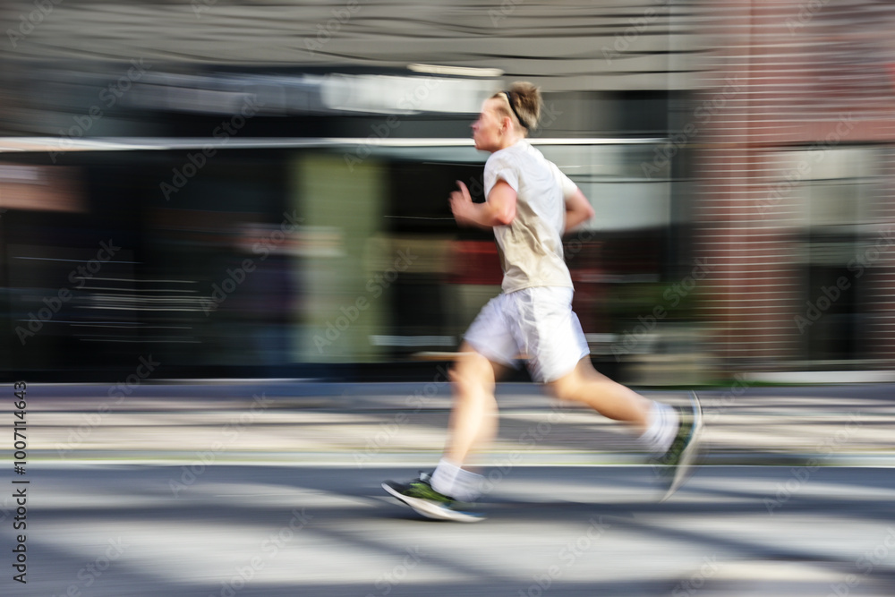 Young man in bright sportswear running on the street in the city, motion blur, panning photography concept for sport as a healthy leisure activity, copy space Young man in bright sportswear running on the street in the city, motion blur, panning photography concept for sport as a healthy leisure activity, copy space