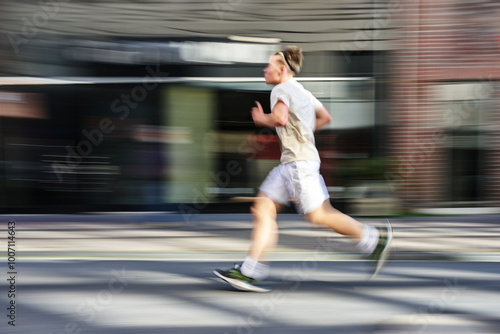 Young man in bright sportswear running on the street in the city, motion blur, panning photography concept for sport as a healthy leisure activity, copy space