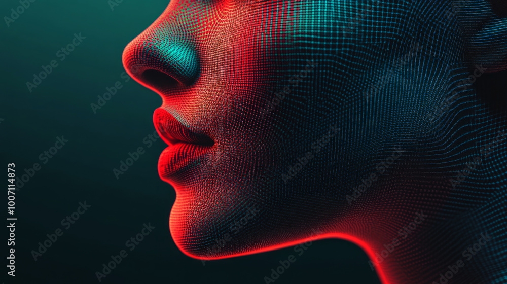 Close-up of a woman's face, made from a digital mesh composed only of dots and lines, Close-up of a woman's face, made from a digital mesh composed only of dots and lines,