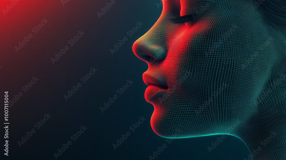Close-up of a woman's face, made from a digital mesh composed only of dots and lines, Close-up of a woman's face, made from a digital mesh composed only of dots and lines,