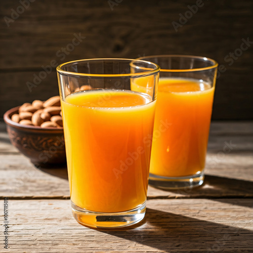 Two glasses of orange juice with a bowl of almonds on a wooden table