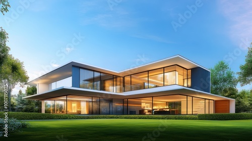 A modern house with large windows and sleek architectural lines, surrounded by a lush green landscape and clear blue skies.