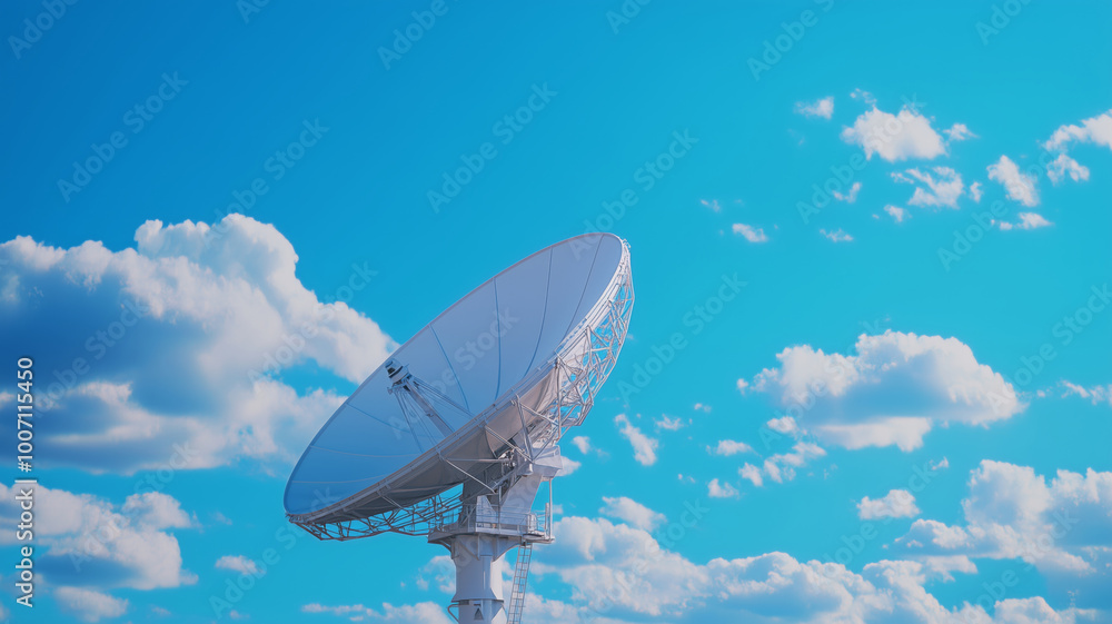 A striking white satellite dish reaches towards the expansive blue sky, harnessing signals from distant space A striking white satellite dish reaches towards the expansive blue sky, harnessing signals from distant space