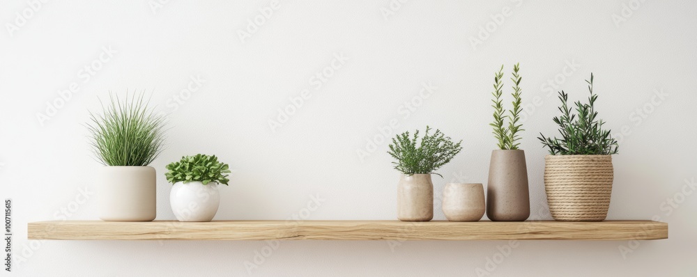 A modern shelf displaying assorted potted plants against a minimalistic white wall. A modern shelf displaying assorted potted plants against a minimalistic white wall.