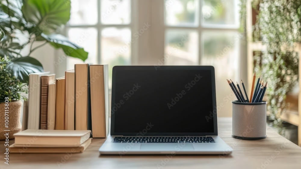 Fototapeta premium A modern workspace with a laptop, books, and stationery on a wooden desk near a window.