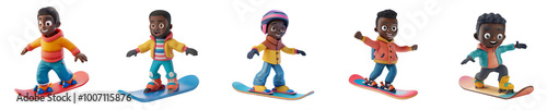 Black man mascot snowboarding, 3D cartoon illustration, isolated on transparent background, cute animated style, beautiful colors, generative ai