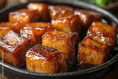 Savoring the flavors of traditional braised pork belly Hong Shao Rou served with fresh green onions at a cozy dinner table photo