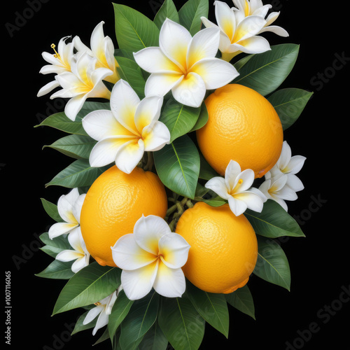 Yellow lemons and white flowers on a black background