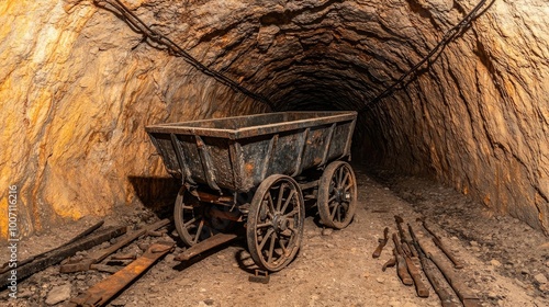 Rusted mining carts and old tools in an abandoned mining tunnel, symbolizing the history and legacy of mining