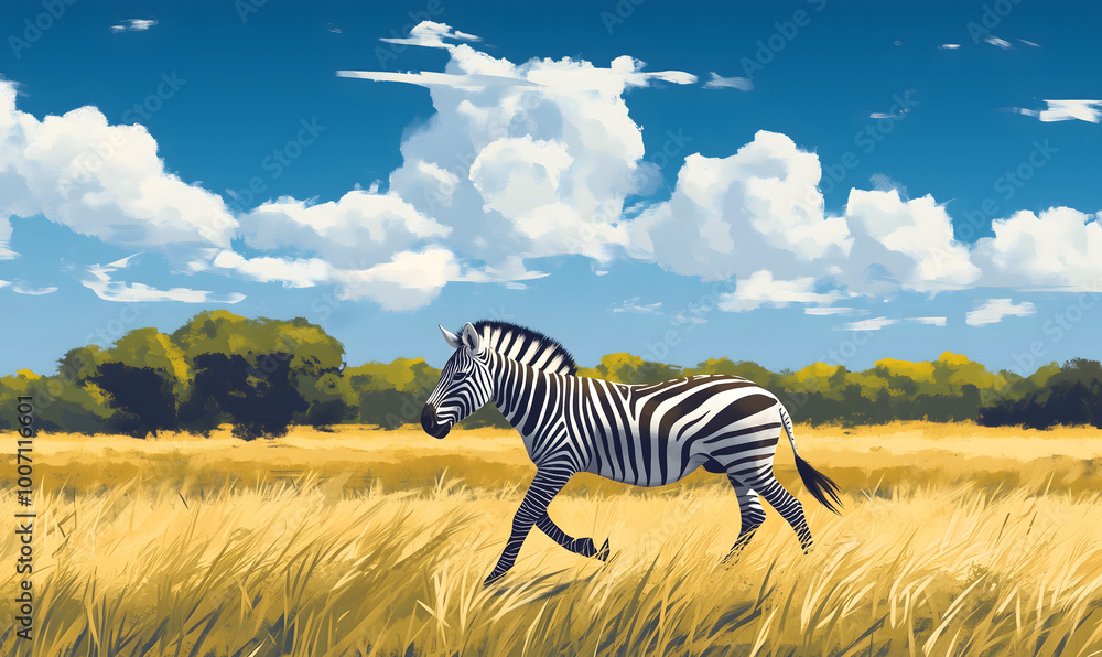 Naklejka premium A zebra walking in savanna with tall grass trees background