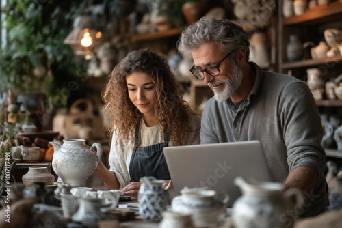 Engaging moment between a mature man and young woman while exploring unique pottery in a cozy artisan shop on a bright afternoon