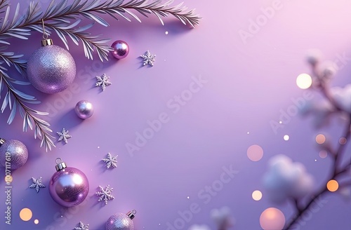 Top view of a purple background with purple Christmas balls and snowflakes in the upper left corner.