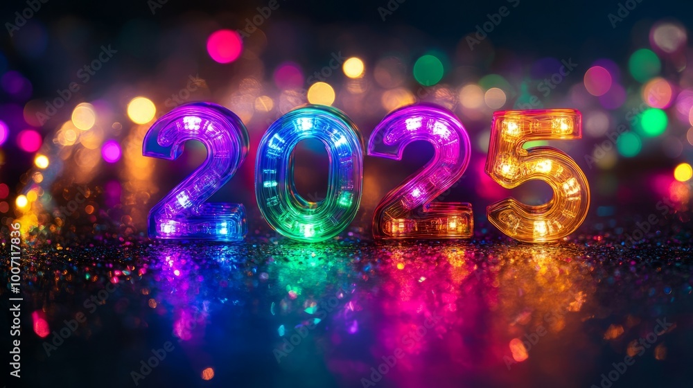 Vibrant rainbow 2025 display with twinkling lights for a cheerful New Year celebration Vibrant rainbow 2025 display with twinkling lights for a cheerful New Year celebration