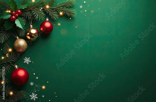 Top view of a green background with red and gold Christmas decorations.