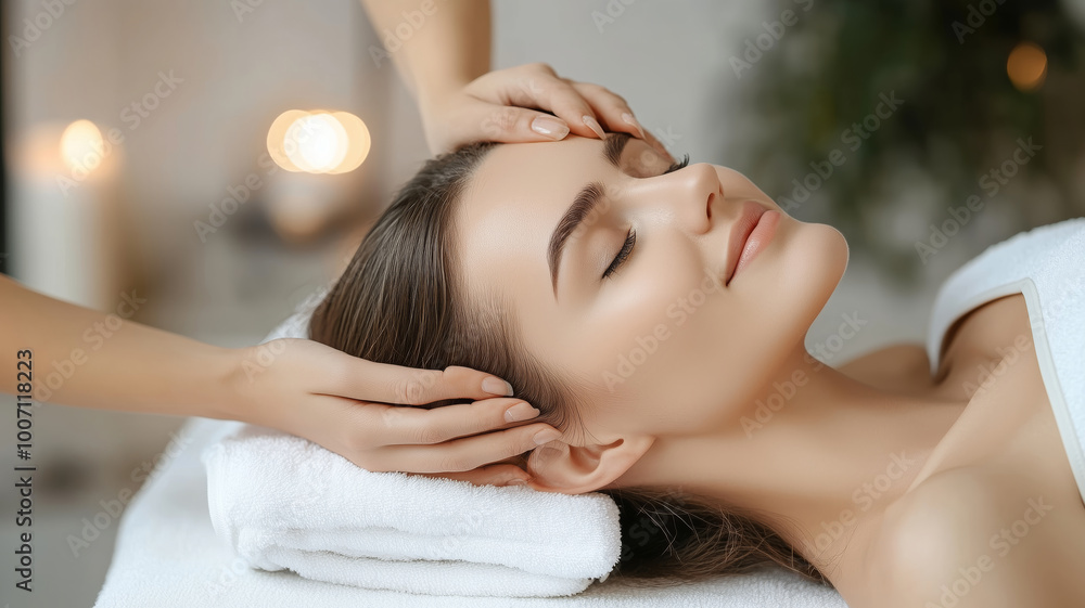 Obraz premium Relaxing experience for a young brunette enjoying a soothing head massage in a calm spa environment during a serene afternoon