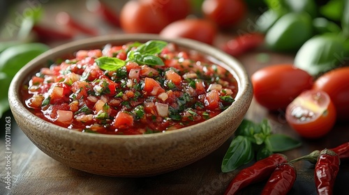 Fresh Homemade Salsa in a Bowl with Tomatoes, Basil and Chili Peppers