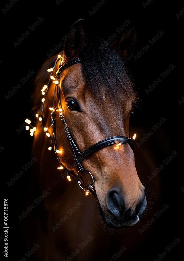 Obraz premium A beautifully decorated horse glimmers with fairy lights around its bridle, set against a dark backdrop, showcasing festive spirit