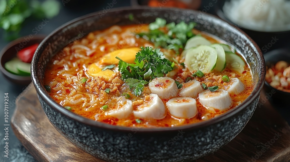 Delicious Spicy Noodle Soup with Fish Cake and Cucumber Garnish Delicious Spicy Noodle Soup with Fish Cake and Cucumber Garnish