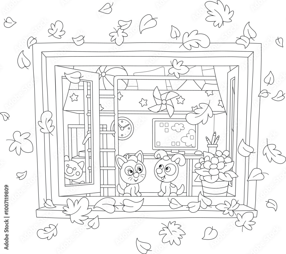 Obraz premium Funny little kitten and puppy sitting on a windowsill of an open window in a nursery room and looking at autumn leaves flying around, black and white vector cartoon illustration for a coloring book