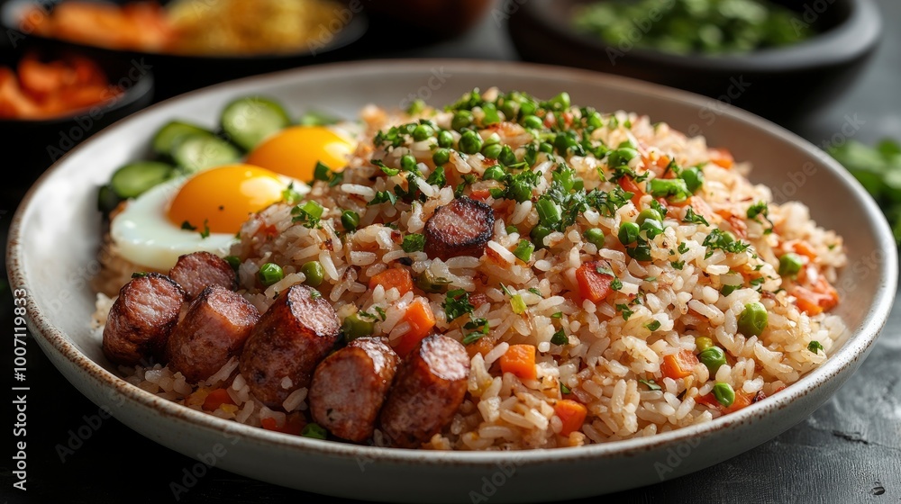 Delicious Fried Rice with Sausage, Peas, Carrots, and Fried Eggs Delicious Fried Rice with Sausage, Peas, Carrots, and Fried Eggs