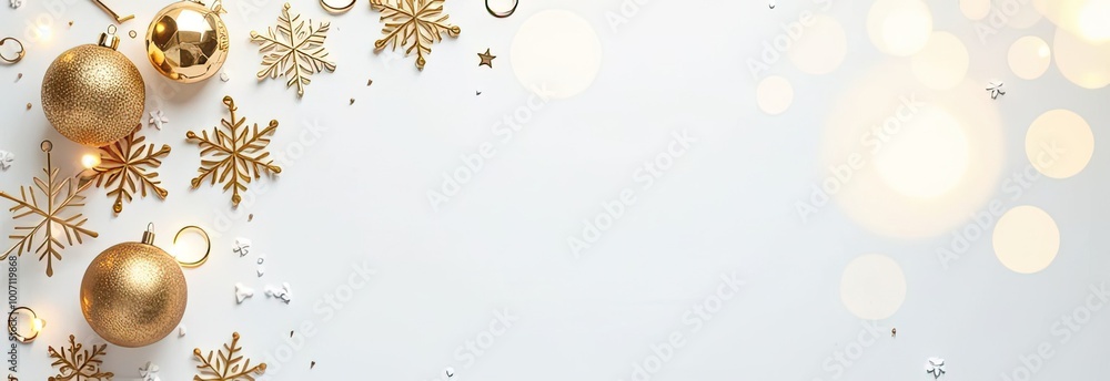 Top view white background with golden Christmas decorations and snowflakes placed in the top left corner. Soft golden bokeh light and a subtle blur effect on the right creating space for the text Top view white background with golden Christmas decorations and snowflakes placed in the top left corner. Soft golden bokeh light and a subtle blur effect on the right creating space for the text