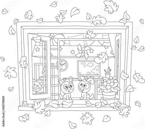 Funny little kitten and puppy sitting on a windowsill of an open window in a nursery room and looking at autumn leaves flying around, black and white vector cartoon illustration for a coloring book