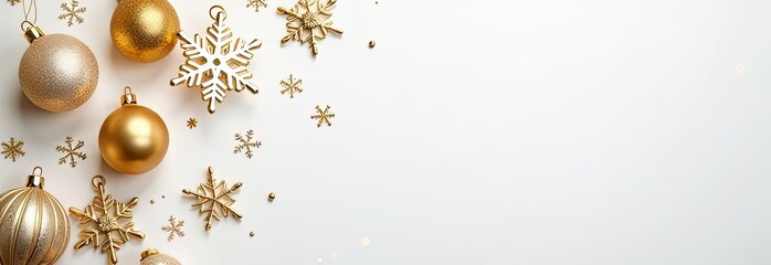 Top view white background with golden Christmas decorations and snowflakes placed in the top left corner. Soft golden bokeh light and a subtle blur effect on the right creating space for the text