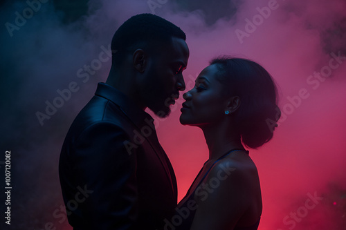 Black couple embracing. African american man and woman. YA paranormal fantasy concept. Darkness with color burst. Mist, smoke, fog. Couple in love. Glowing light. Surreal epic fantasy dystopian love