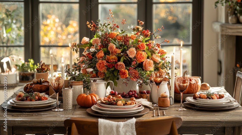 elegant Thanksgiving table setting adorned with autumn-themed decorations, including a centerpiece of candles, fresh flowers, and platters filled with seasonal dishes elegant Thanksgiving table setting adorned with autumn-themed decorations, including a centerpiece of candles, fresh flowers, and platters filled with seasonal dishes