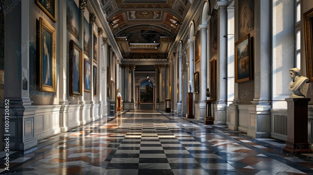 Obraz premium A long hallway with a checkered floor and a standing statue