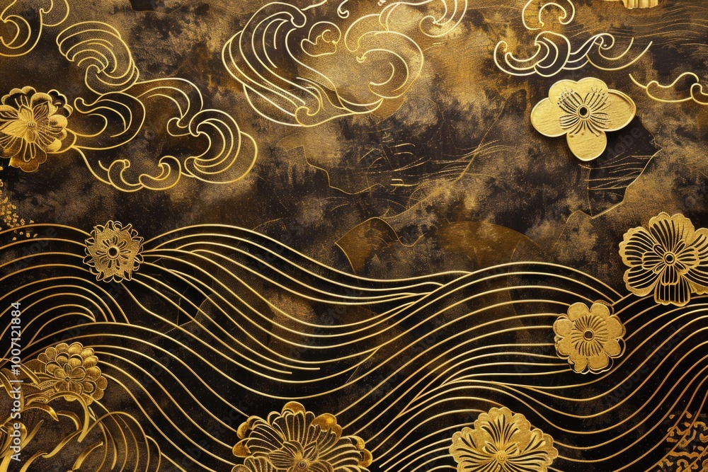 Golden background with black flowers and wavy patterns Golden background with black flowers and wavy patterns