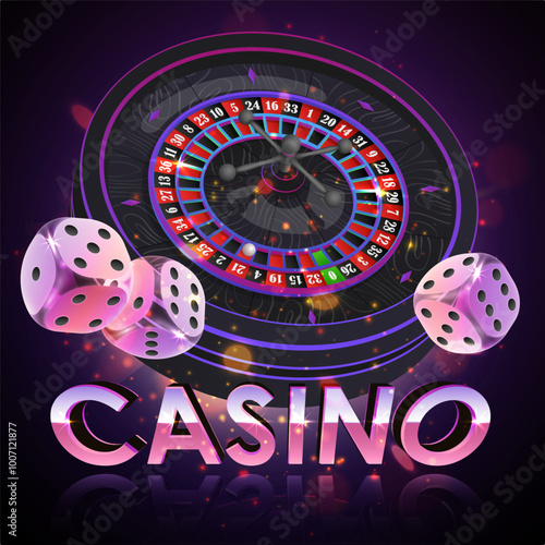 Pink neon logo casino, black roulette wheel with wood desk and cells, dices on black background with light, rays, glare, sparkles. Vector illustration for casino, game design, advertising