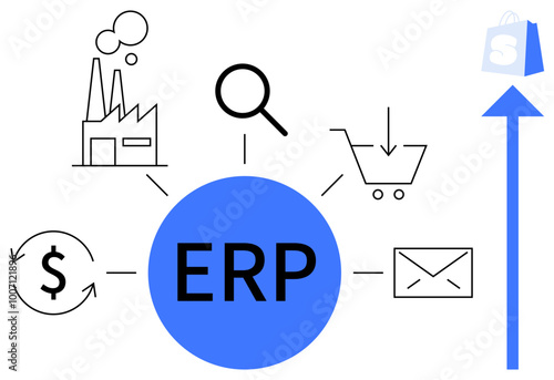 Central blue circle labeled ERP with connected icons of factory, magnifying glass, shopping cart, envelope, dollar sign, and upward arrow. Ideal for business management, process integration
