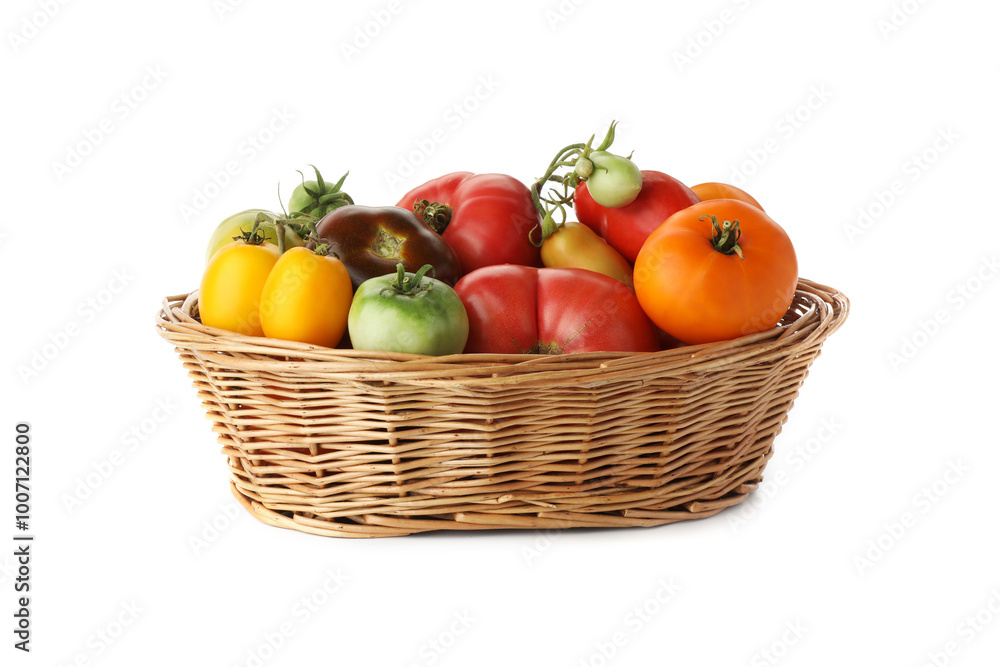 Different ripe tomatoes in basket on white background Different ripe tomatoes in basket on white background