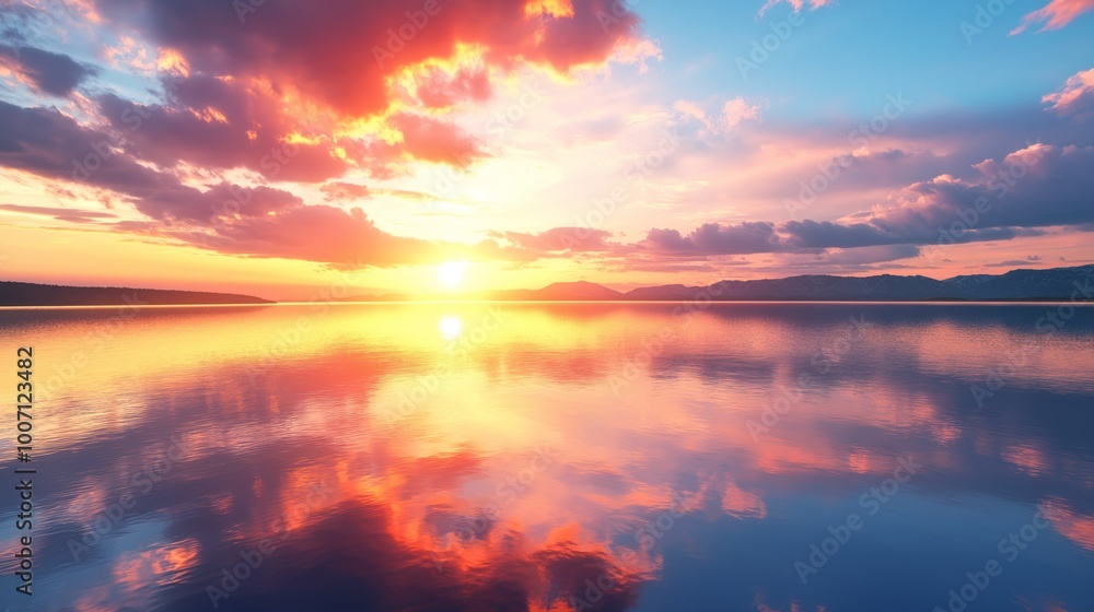 Fototapeta premium gorgeous evening sky reflecting on mirror like lake water surface , elegance skyscape background