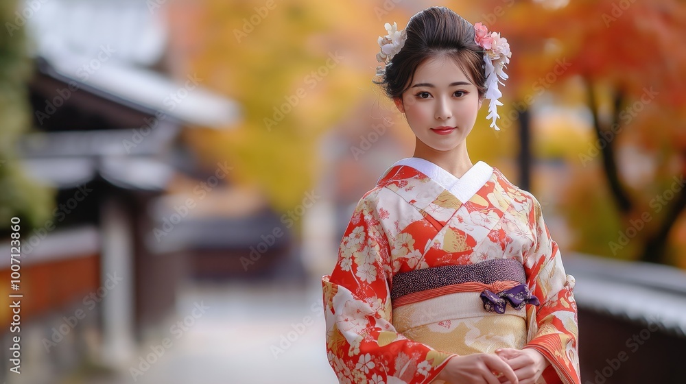 pretty woman wearing Kimono Japanese traditional attire walking on city street in autumn season pretty woman wearing Kimono Japanese traditional attire walking on city street in autumn season