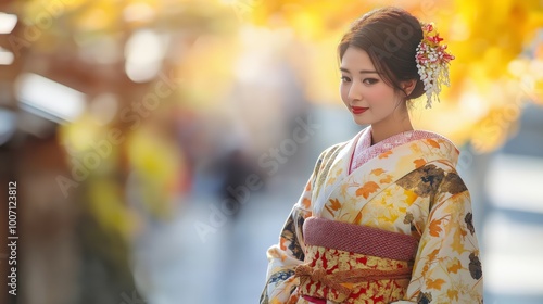 pretty woman wearing Kimono Japanese traditional attire walking on city street in autumn season 