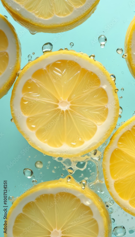 Round lemon slices in bubble water, close-up Round lemon slices in bubble water, close-up