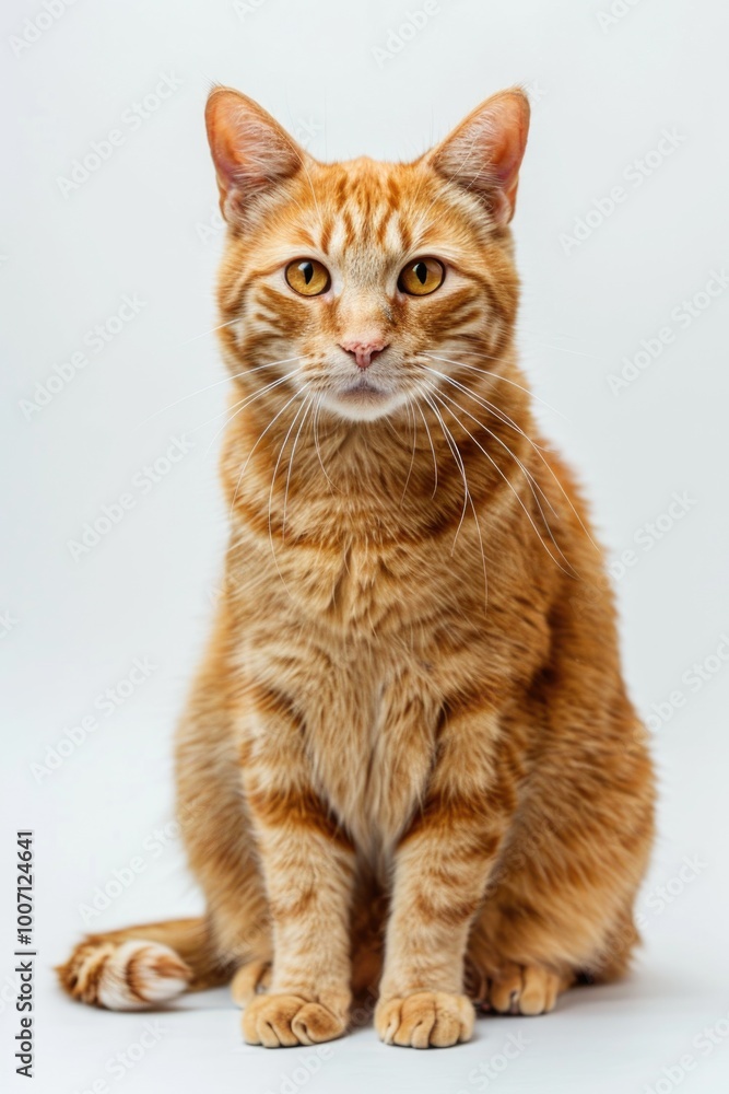 Obraz premium A domestic orange cat sitting comfortably on a white background