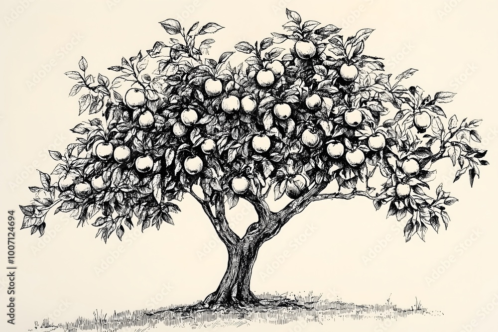 Fototapeta premium A black and white drawing of a tree filled with apples