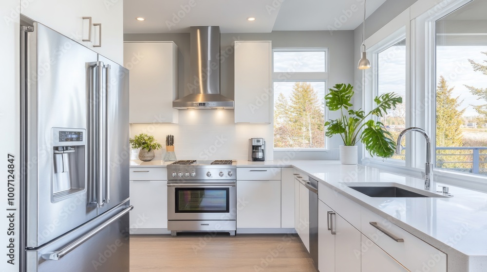 A sleek modern kitchen featuring stainless steel refrigerator, dishwasher, and range hood, with white cabinetry and a large window A sleek modern kitchen featuring stainless steel refrigerator, dishwasher, and range hood, with white cabinetry and a large window